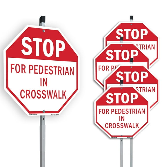 Stop For Pedestrian in Crosswalk (5 Pack) 10 inch X 10 inch Octagon Aluminum Metal Signs with Aluminum Mounting Stakes Weather Resistant UV Protected for Workplace Private Property