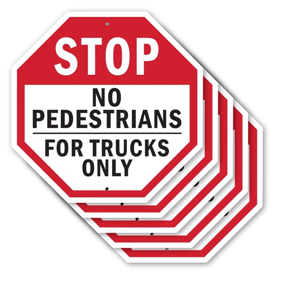 Stop No Pedestrians for Trucks Only (5 Pack) 10 inch X 10 inch Octagon Rust Free Aluminum Metal Signs Weather Resistant, UV Protected for Workplace, Private Property, and Construction