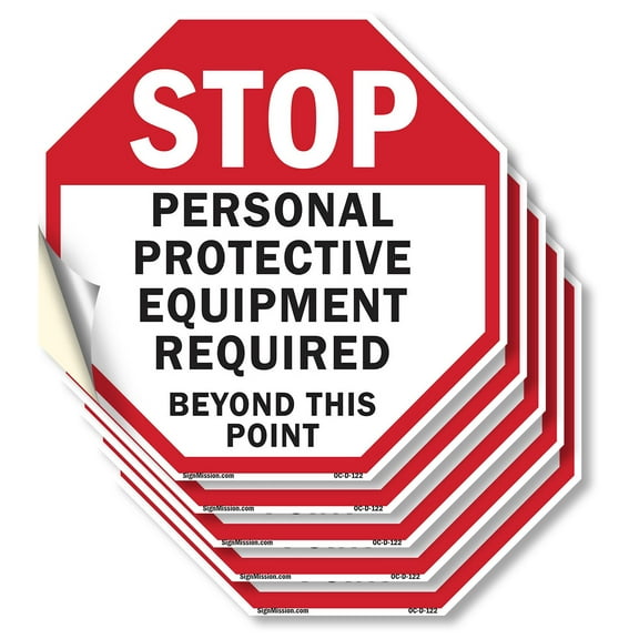 Stop Personal Protective Equipment Required Beyond This Point (5 Pack) 4 inch X 4 inch Octagon Vinyl Label Decal Sticker Weather Resistant, UV Protected for Workplace, Made in the USA