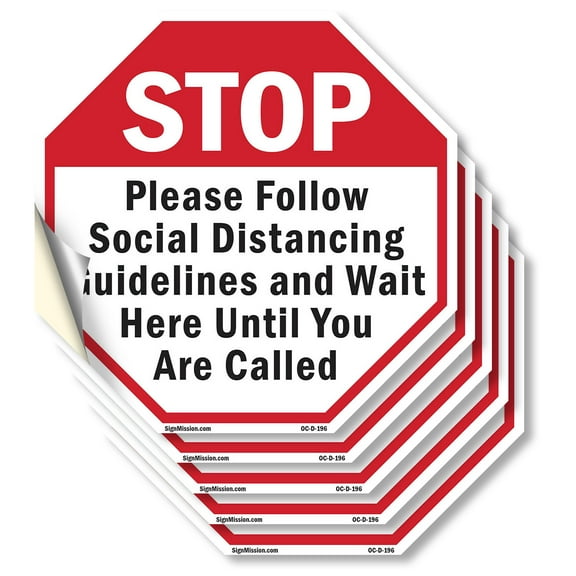 Stop Please Follow Social Distancing Guidelines and Wait Here Until You Are Called (5 Pack) 4 inch X 4 inch Octagon Vinyl Label Decal Sticker Weather Resistant, UV Protected, Made in