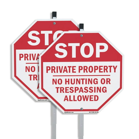 Stop Private Property No Hunting or Trespassing Allowed (2 Pack) 10 inch X 10 inch Octagon Rust Free Aluminum Metal Signs with Aluminum Mounting Stakes Weather Resistant UV Protected