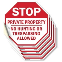 Stop Private Property No Hunting or Trespassing Allowed (5 Pack) 4 inch X 4 inch Octagon Vinyl Label Decal Sticker Weather Resistant, UV Protected for Workplace, Made in the USA
