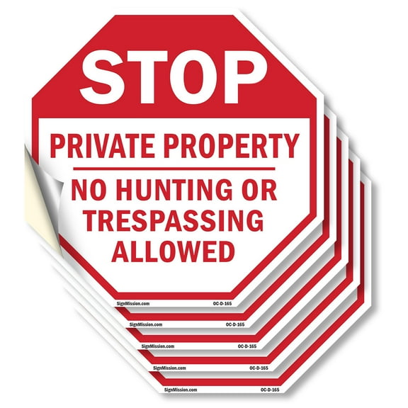 Stop Private Property No Hunting or Trespassing Allowed (5 Pack) 4 inch X 4 inch Octagon Vinyl Label Decal Sticker Weather Resistant, UV Protected for Workplace, Made in the USA