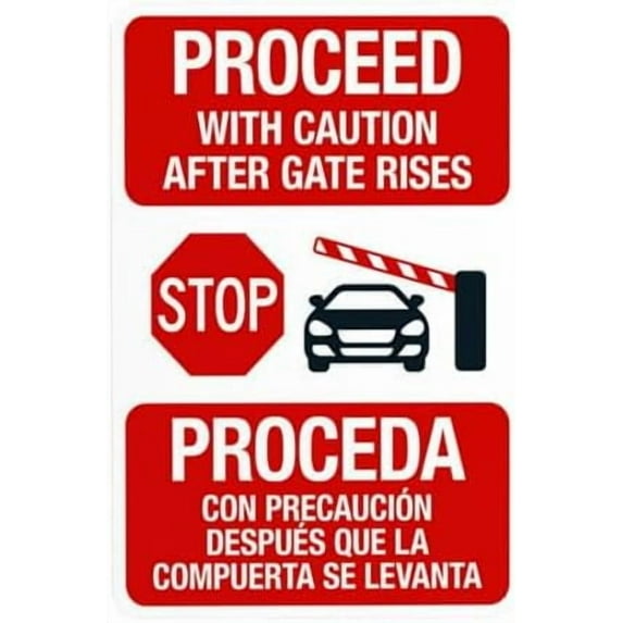 Stop Proceed With Caution After Gate Rises Warning Sign, Gate Metal Signs for Business Home Outdoor Indoor Road Yard Garage Street Wall Caution Custom Decor 8 x 12 Inch