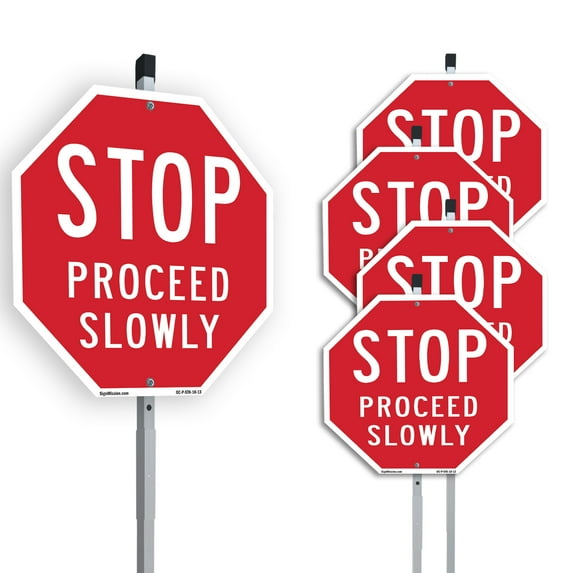 Stop Proceed Slowly (5 Pack) 10 inch X 10 inch Octagon Plastic Signs with Aluminum Mounting Stakes Weather Resistant UV Protected for Workplace Private Property and Construction Site