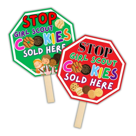 Stop Scout Cookies Sold Here Sign 5 Pack, 10 x 10 Mixed Girl Green Red Hand Held On A Stick Stop Here To Buy Cookies Booth Troop Leader and Number Sales Goal