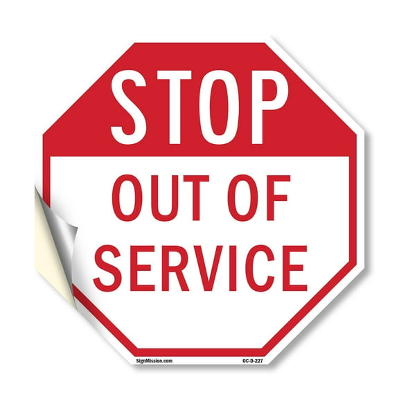 Stop Out of Service 10 inch X 10 inch Octagon Vinyl Label Decal Sticker Weather Resistant, UV Protected for Workplace, Private Property, and Construction Site, Made in the USA