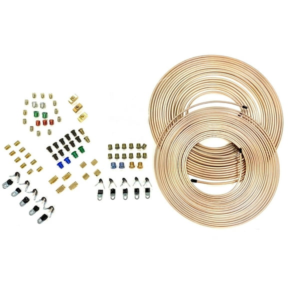The Stop Shop Complete 3/16 Inch & 1/4 Inch Copper Nickel Brake Line & Hardware Assortment, 50 Feet of Each 3/16 and 1/4 Tubing and Fittings, Unions, T-Blocks, Clips for both