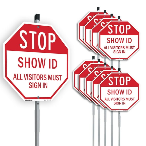 Stop Show Id All Visitors Must Sign In (10 Pack) 10 inch X 10 inch Octagon Plastic Signs with Aluminum Mounting Stakes Weather Resistant UV Protected for Workplace Private Property