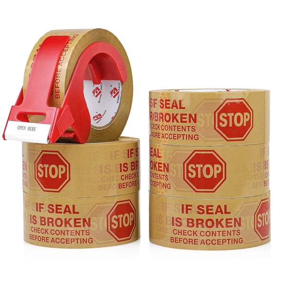 Stop Sign Sealing Tape Pre-Printed " IF SEAL IS BROKEN,CHECK CONTENTS BEFORE ACCEPTING" ,Heavy Duty Packing Tape with Dispenser 2 Inch x 110 Yards,Packaging Tape for Moving and Shipp (Brown)