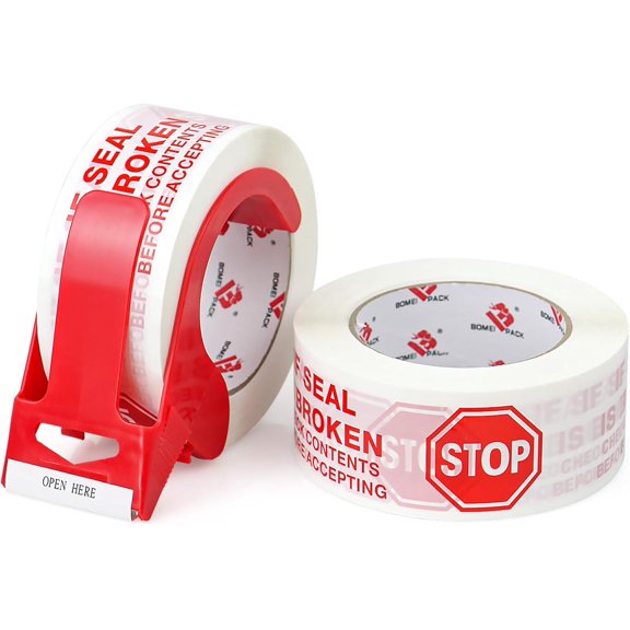 Stop Sign Sealing Tape,Pre-Printed IF Seal is Broken Check Contents Before Accepting Packing Tape with Dispenser 2 Inch x 110 Yards Heavy Duty Shipping Tape for Moving,Sealing