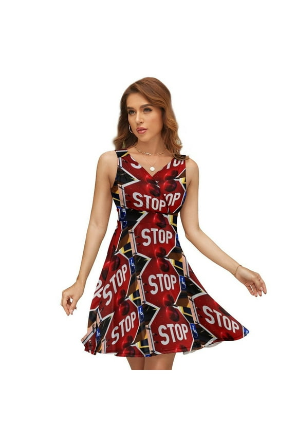 Stop Sign Sleeveless Dress Women Summer Evening Dresses Ladies Sundress