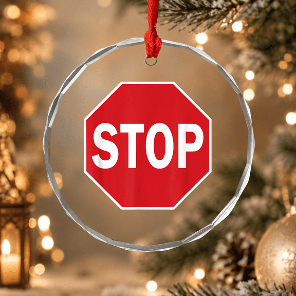 Stop Sign Street Road Signage Halloween Ornament, Holiday Decor, Circle Glass Ornament