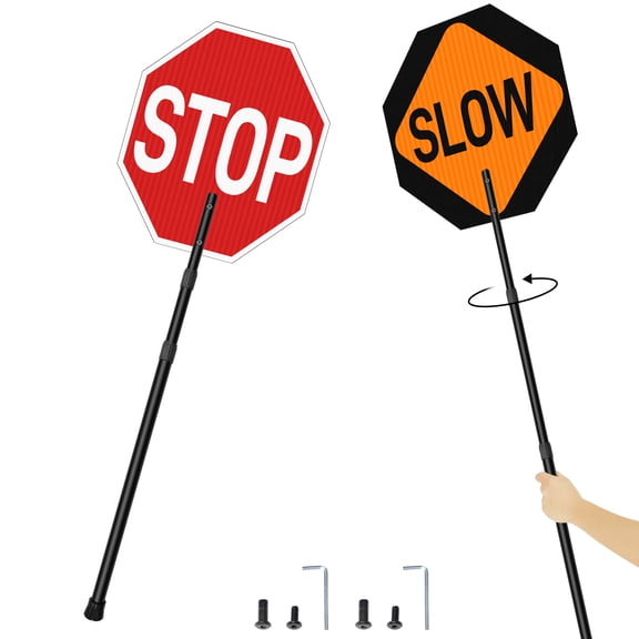 Stop Slow Sign with 66 Inch Adjustable Handle, 18x18 Inch Double Sided Reflective Traffic Paddle Sign with Telescopic Handle, Aluminum Traffic Sign for Road Safety