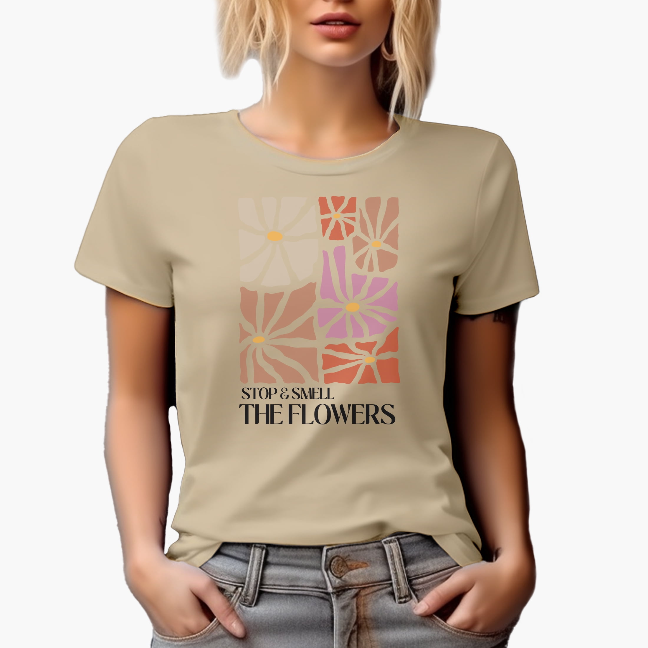 Stop & Smell the Flowers with Floral Boho Art Merch Gift, Tan T-Shirt ...