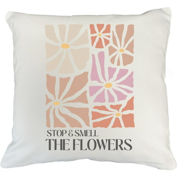 Stop & Smell the Flowers with Floral Boho Art Merch Gift, White Pillow Case 18X18 IN