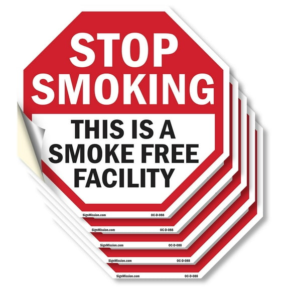 Stop Smoking This Is a Smoke Free Facility (5 Pack) 6 inch X 6 inch Octagon Vinyl Label Decal Sticker Weather Resistant, UV Protected for Workplace, Made in the USA