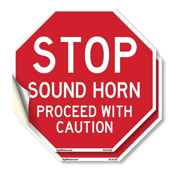 Stop Sound Horn Proceed with Caution (2 Pack) 10 inch X 10 inch Octagon Vinyl Label Decal Sticker Weather Resistant, UV Protected for Workplace, Made in the USA