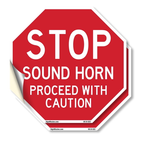 Stop Sound Horn Proceed with Caution (2 Pack) 10 inch X 10 inch Octagon Vinyl Label Decal Sticker Weather Resistant, UV Protected for Workplace, Made in the USA