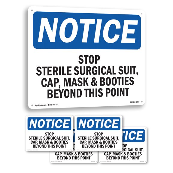 Stop Sterile Surgical Suit Cap Mask & OSHA Notice Rigid Plastic Sign 14 Inch x 10 Inch - 5 Pack