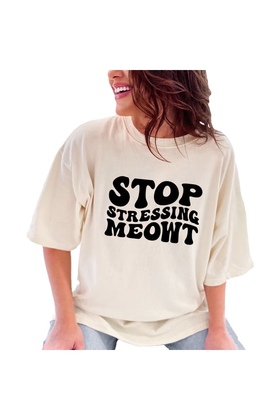 Stop Stressing Meowt, Funny Cat Pun, Groovy Retro Wavy Text, Ivory Comfort Colors T-Shirt, Medium