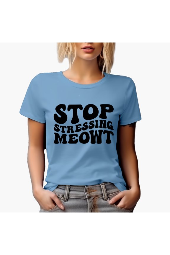 Stop Stressing Meowt, Funny Cat Pun, Groovy Retro Wavy Text Merch Gift, Baby Blue T-Shirt, Small