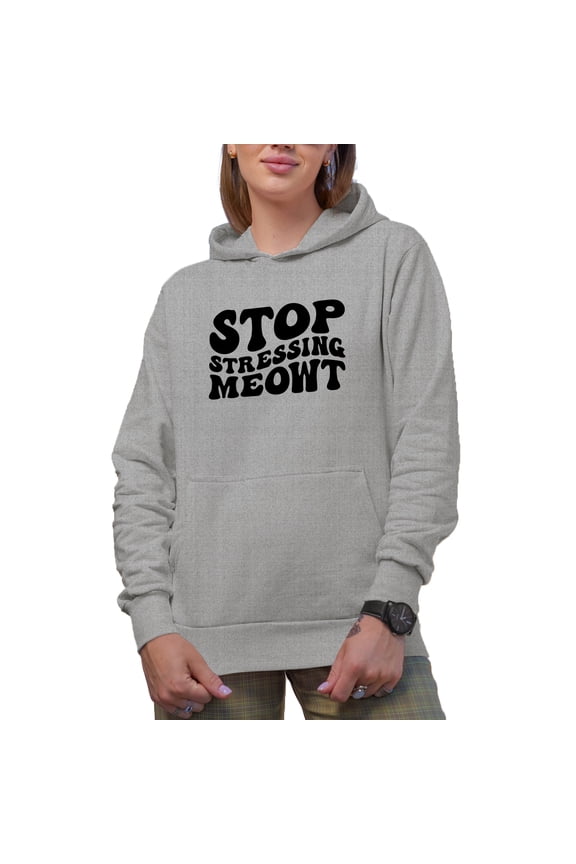 Stop Stressing Meowt, Funny Cat Pun, Groovy Retro Wavy Text Merch Gift, Heather Grey Hooded Sweatshirt or Hoodie, Medium