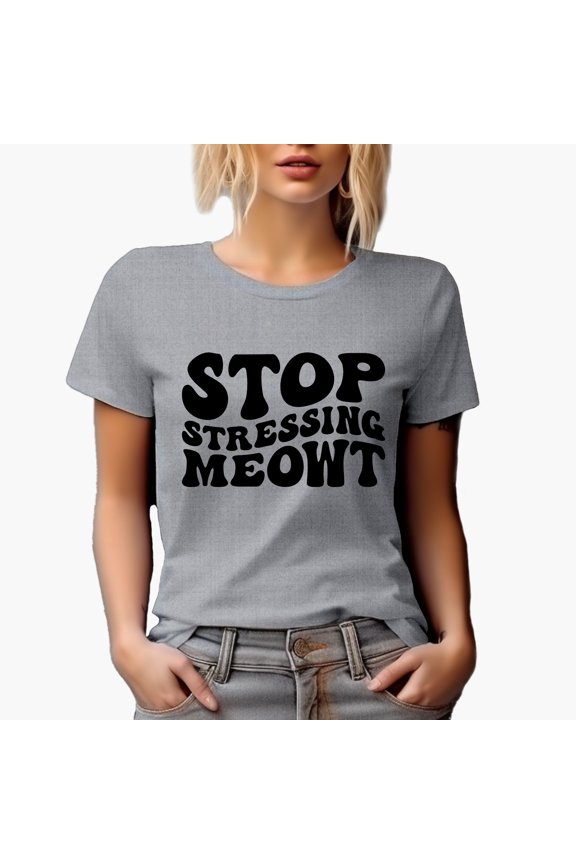 Stop Stressing Meowt, Funny Cat Pun, Groovy Retro Wavy Text Merch Gift, Heather Grey T-Shirt, Small