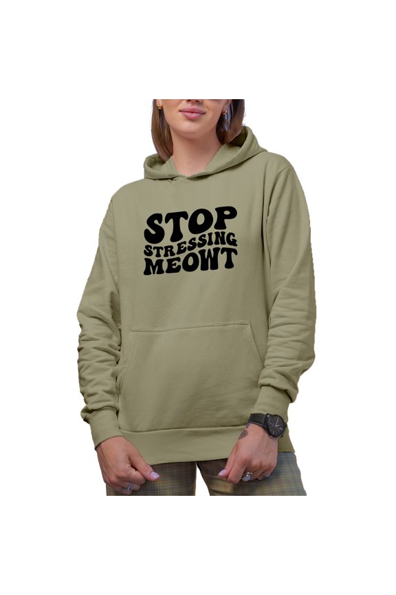 Stop Stressing Meowt, Funny Cat Pun, Groovy Retro Wavy Text Merch Gift, Sand Hooded Sweatshirt or Hoodie, Large