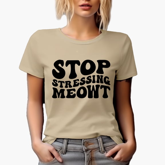 Stop Stressing Meowt, Funny Cat Pun, Groovy Retro Wavy Text Merch Gift, Tan T-Shirt, XL