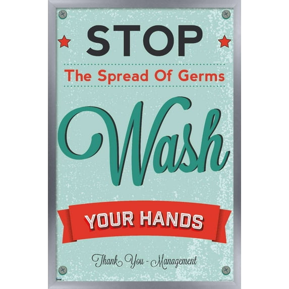 Stop The Spread of Germs - Wash Your Hands Wall Poster, 14.725" x 22.375", Framed