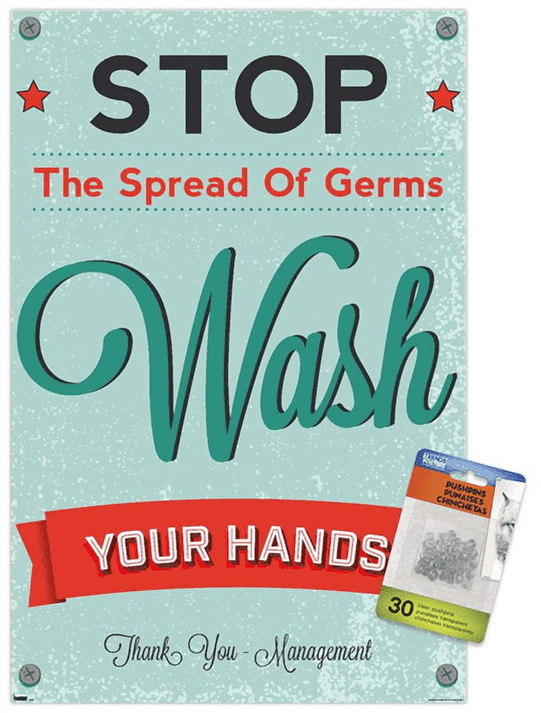 Stop The Spread of Germs - Wash Your Hands Wall Poster with Push Pins ...