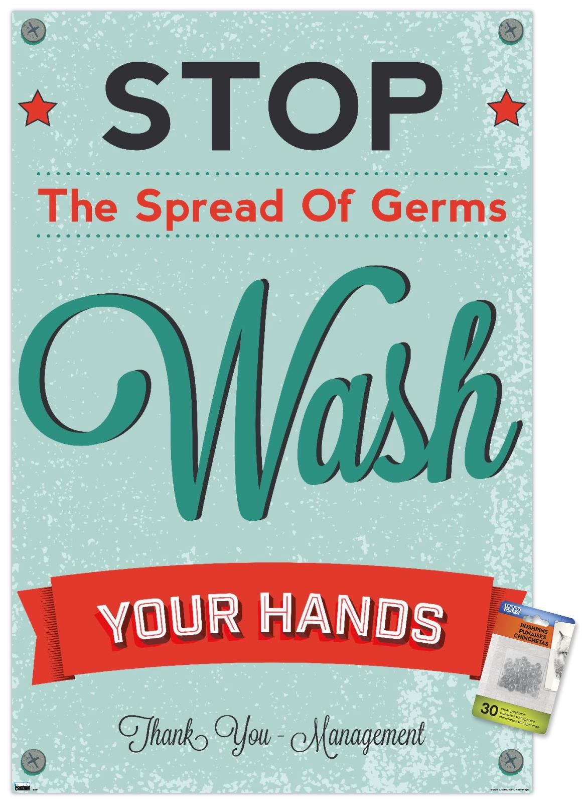 Stop The Spread of Germs - Wash Your Hands Wall Poster with Push Pins ...