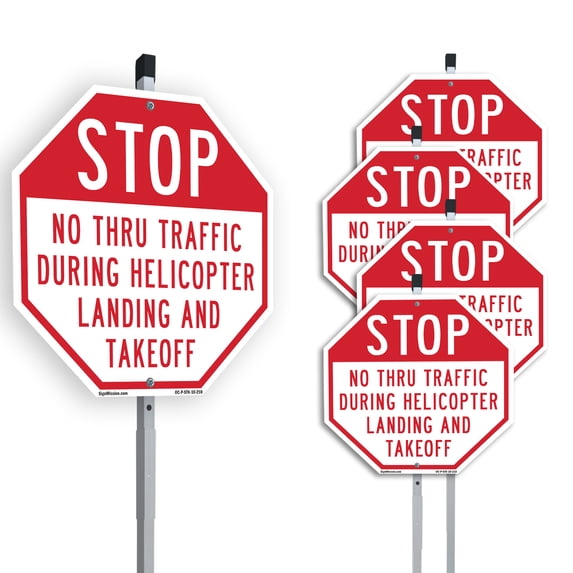 Stop No Thru Traffic During Helicopter Landing and Takeoff (5 Pack) 10 inch X 10 inch Octagon Plastic Signs with Aluminum Mounting Stakes Weather Resistant UV Protected for Workplace