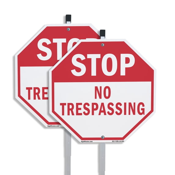 Stop No Trespassing (2 Pack) 10 inch X 10 inch Octagon Rust Free Aluminum Metal Signs with Aluminum Mounting Stakes Weather Resistant UV Protected for Workplace Private Property and