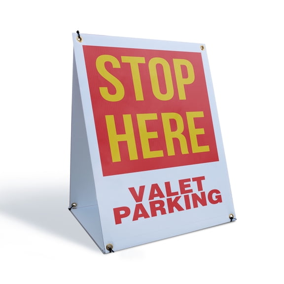 Stop Here Valet Parking Sidewalk Sign 18 Inch x 24 Inch A-Frame Images On Both Sides | Traffic Control, Clear Directions, Convenient Service | Made in USA