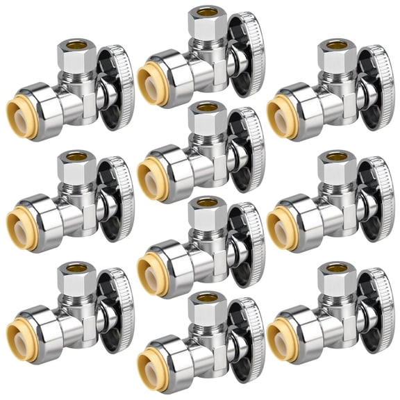Stop Valves, 1/2" 3/8" Angle Stop Valve, 1/2" PTC Input, 3/8" OD Compression Output, Push to Connect, 1/4 Turn, Chrome Plated Brass for Faucet, Toilet Valves, No Lead
