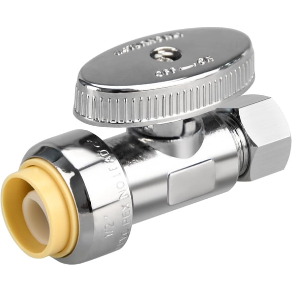 Stop Valves, 1/2" × 3/8" Straight Stop Valve, 1/2" PTC Input, 3/8" OD Compression Output, Push to Connect, 1/4 Turn, Chrome Plated Brass for Faucet, Toilet Valves, No Lead