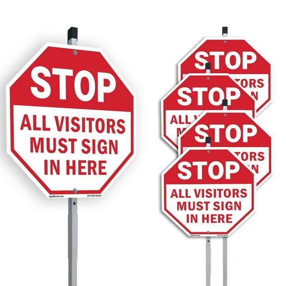 Stop All Visitors Must Sign in Here (5 Pack) 10 inch X 10 inch Octagon Aluminum Metal Signs with Aluminum Mounting Stakes Weather Resistant UV Protected for Workplace Private Property