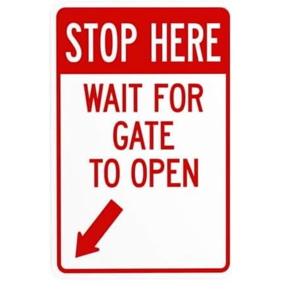 Stop Here Wait For Gate To Open With Left Bottom Arrow Warning Sign, Gate Security Metal Signs for Business Home Outdoor Indoor Garage Street Wall Safety Caution Custom Decor 8 x 12 Inch