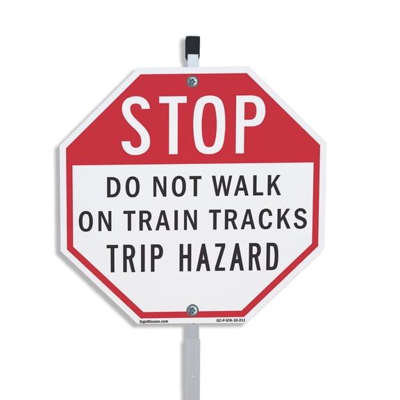 Stop Do Not Walk on Train Tracks Trip Hazard 10 inch X 10 inch Octagon Plastic Sign with Aluminum Mounting Stake Weather Resistant UV Protected for Workplace Private Property and