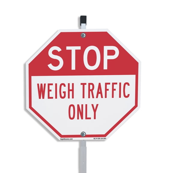 Stop Weigh Traffic Only 10 inch X 10 inch Octagon Plastic Sign with Aluminum Mounting Stake Weather Resistant UV Protected for Workplace Private Property and Construction Site Made in