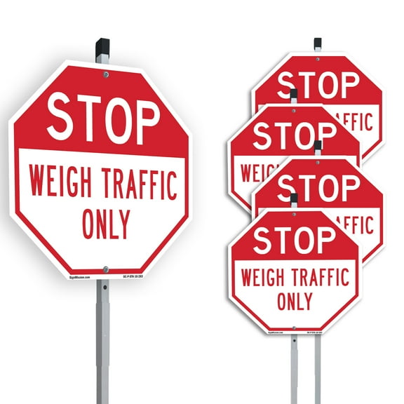 Stop Weigh Traffic Only (5 Pack) 10 inch X 10 inch Octagon Plastic Signs with Aluminum Mounting Stakes Weather Resistant UV Protected for Workplace Private Property and Construction