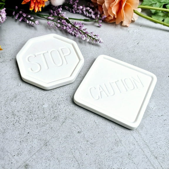 Stop and Caution Sign Coasters 4" Ceramic Bisque Ready To Paint Pottery