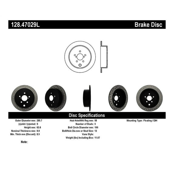 StopTech 08-10 WRX Drilled Left Rear Rotor Fits select: 2009-2013 SUBARU FORESTER, 2011-2014 SUBARU OUTBACK 2.5I PREMIUM