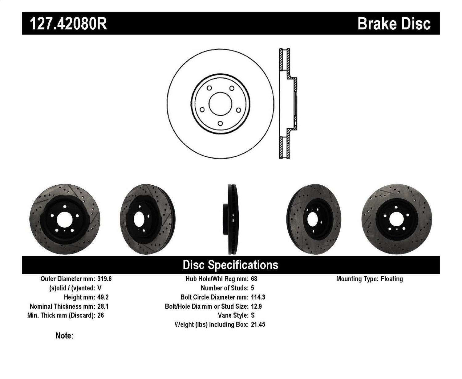 StopTech 127.42080R StopTech Sport Rotors; Drilled And Slotted; Front Right;12.60 in. Dia.; 1.94 in. Height; Fits select: 2016-2023 NISSAN MAXIMA, 2009-2014 NISSAN MURANO
