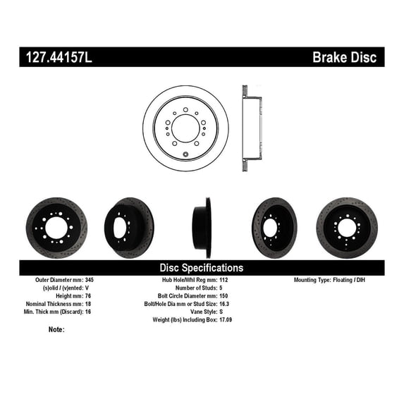 StopTech 127.44157L StopTech Sport Rotors; Drilled And Slotted; Rear Left; Fits select: 2007-2021 TOYOTA TUNDRA, 2008-2022 TOYOTA SEQUOIA