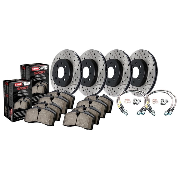 StopTech 978.34016 StopTech Sport Brake Kit; Drilled And Slotted; Front And Rear; Incl. Rotors; Pads And Stainless Steel Brake Line; Fits select: 2007-2013 BMW 335