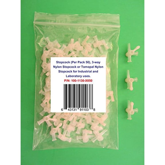 Stopcocks (Per Pack 50), 3-Way Nylon Stopcocks, 3-Way Nylon Valve, Three Way Stopcock, Stopcocks with Luer Connections, Nylon Stopcock for Industrial and Laboratory uses. P/N: 100-1130-X050