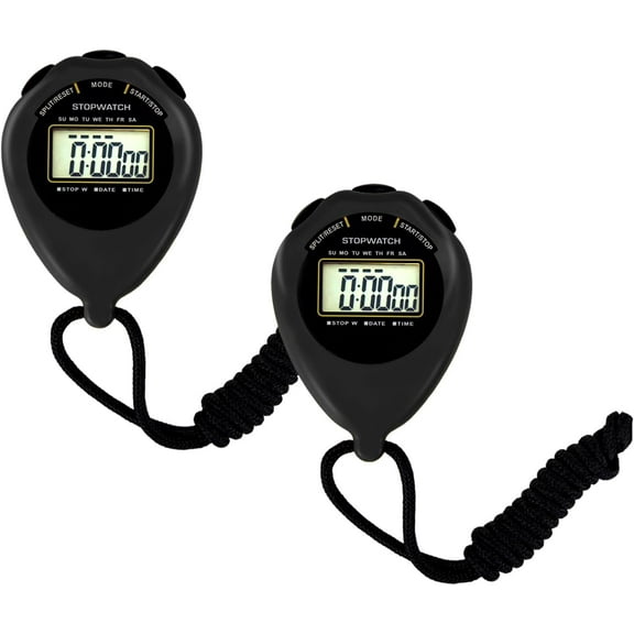 Stopwatch Sport Timer, 2 Pack Large Display Digital Stopwatch Timer with Date Time, No Alarm Silent Easy to Set Stopwatches for Sports, Coaches, Kids, Swimming and Running (Black)